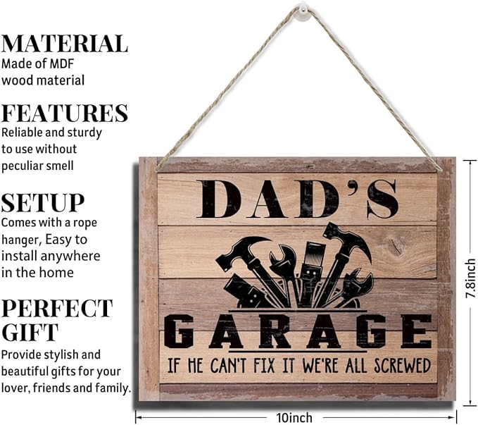 Rustic Sign, Father's Day Gift, Dad's Gift, Grandpa's Gift, Decor Hanging Wood Signs, Printed Wood Wall Art Sign, Dad's Garage, If He Can't Fix It We're All Screwed, Vintage Sign Gift for Grandpa
