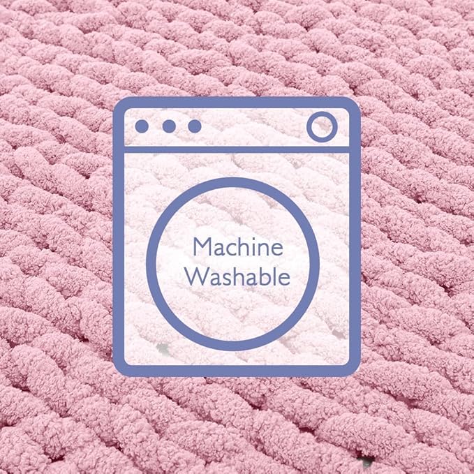 Bigacogo Chunky Knit Throw Blanket for Couch, 51x63 inches, 100% Hand Knitted with Thick Jumbo Chenille Yarn, Cozy Soft Large Rope Knot Cable Crochet Blankets for Sofa Bed Living Room, Blush Pink