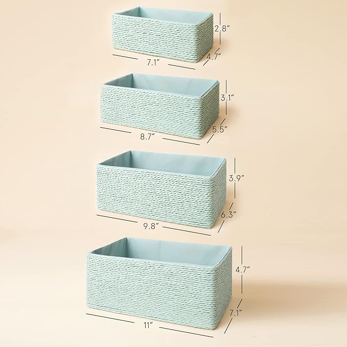 LA JOLIE MUSE Storage Baskets Set 4 - Stackable Woven Basket Paper Rope Bin, Storage Boxes for Makeup Closet Bathroom Bedroom (Light Green)