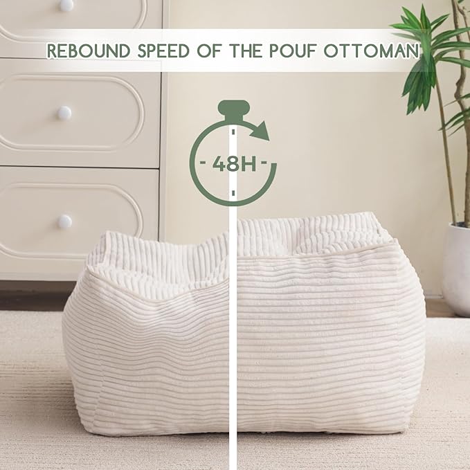 HIGOGOGO Square Stuffed Pouf Ottoman, Corduroy Poufs with Foam Chunk Filling, Furry and Fluffy Pouf Foot Stool Storage Ottoman, 21 X 21 Floor Poufs Foot Rest for Living Room, Beige