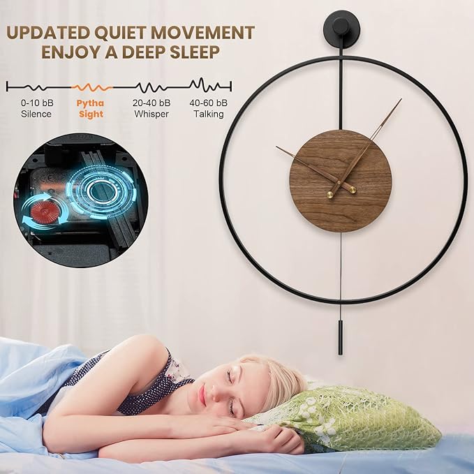 Large Modern Wall Clock,Wall Clocks for Living Room Decor,Classical Silent Metal Minimalist Walnut Dial,Big Decorative Farmhouse Pendulum Wall Clock With Walnut Pointers for Office,Dining Room
