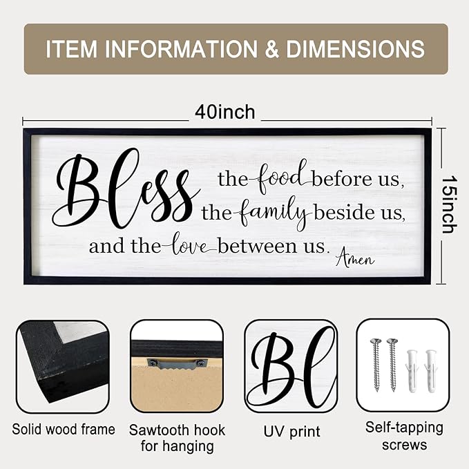 Bless the Food Before Us, the Family Beside Us, and the Love between us Framed Wall Art for Dining Room, 40''×15'' Holy Positive Religious Rustic Bible Verse for Christian God Jesus Christ Prayer