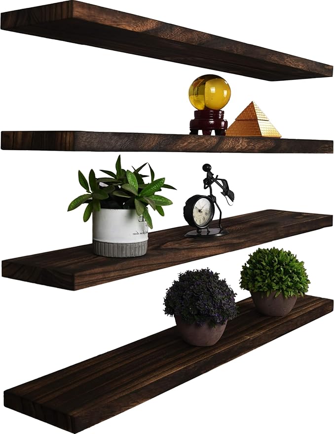 Wood Floating Shelves for Wall Decor, Rustic Wall Shelves for Bedroom Bathroom Kitchen Living Room, Set of 4 Walnut 36 Inch