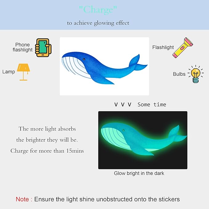 Sea Turtle Ocean Fish Wall Decals Glow in The Dark, Under The Sea Life Animals Stickers for Ceiling, Girls Boys Waterproof Decoration for Living Room Wall Bathroom Toilet