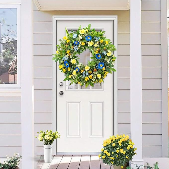 WANNA-CUL 24 Inch Spring Summer Carnation Wreaths for Front Door, Spring Front Door Wreath with Blue &Yellow Flowers Door Wreath with Pomegranates,Daisy for Wedding