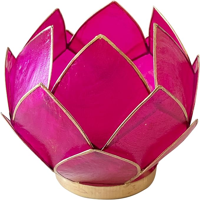 Blooming Lotus Capiz Shell Tealight Candle Holder, Handcrafted Decorative Tea Light Candleholder with Translucent Flower Petals for Ambient Illumination and Natural Elegance, Fuchsia