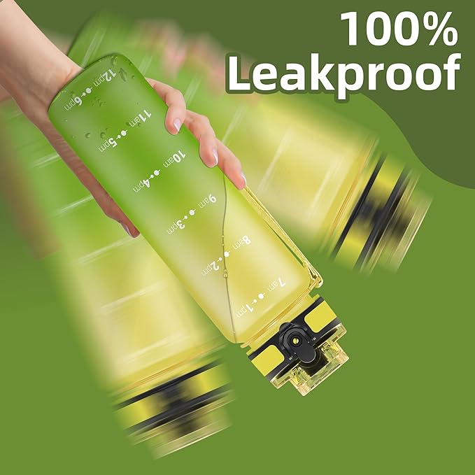 OLDLEY 32 oz Water Bottle, Motivational Water Bottle with Time Marker, Sports Water Bottle With Strap, Leakproof & BPA Free Large Water Bottles for School, Gym, Travel, Outdoor, Tritan,Yellow&Green