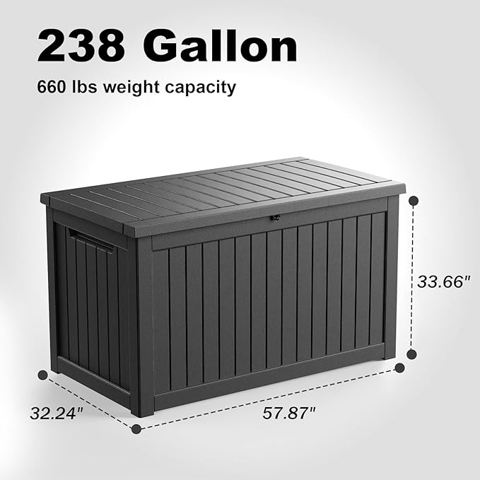 230 Gallon Outdoor Deck Box,Storage Lockable Waterproof Patio Furniture,Garden Tools,Cushions,Pool Accessories Outside Storage Resin Box(Black)