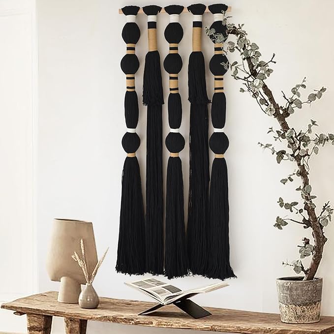 Macrame Wall Hanging Black Sphericity Cotton Tassels Textile Hanging Geometric Yarn Wall Art for Bedroom Living Room Decor 15.7" W x 39" L
