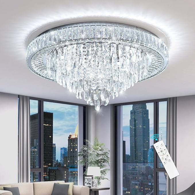 Modern Chandeliers for Living Room Crystal Ceiling Light Fixture LED Dimmable Lamp with Remote Pendant Lighting Flush Mount Ceiling Lighting for Dining Room Bedrooms
