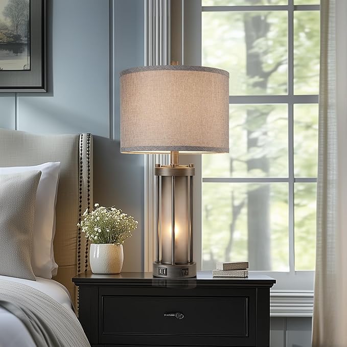 Set of 2 Rustic Table Lamps for Living Room with 2 USB Ports, Vintage Bedside Lamps with Gray Frosted Glass Night Light for Bedroom Desk Lamps for Entryway, 4 Bulbs Included