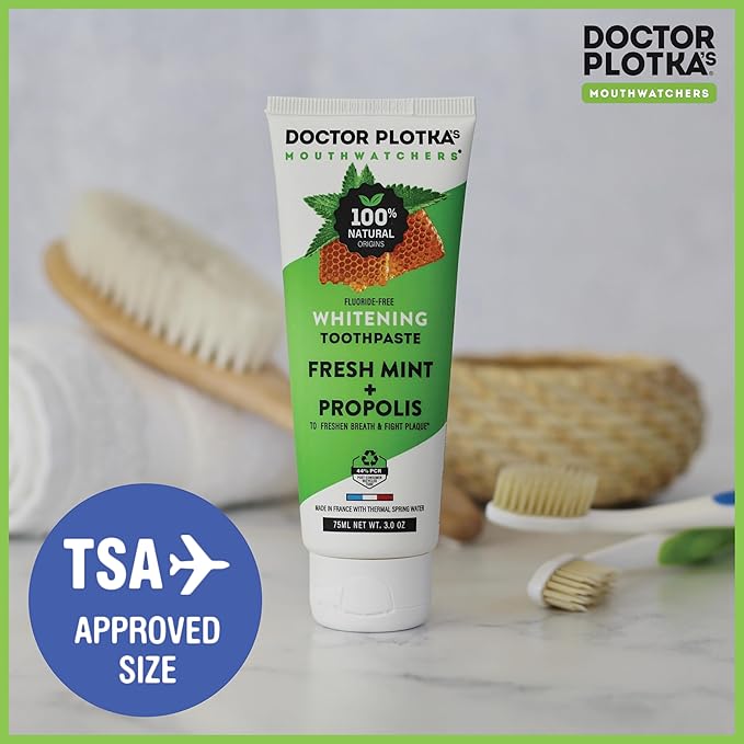 MOUTHWATCHERS Whitening Fluoride Free Naturally Sourced Toothpaste, 3 oz Tube, for Sensitive Teeth and Gums, Fresh Organic Mint and Propolis, by Dr. Plotka's