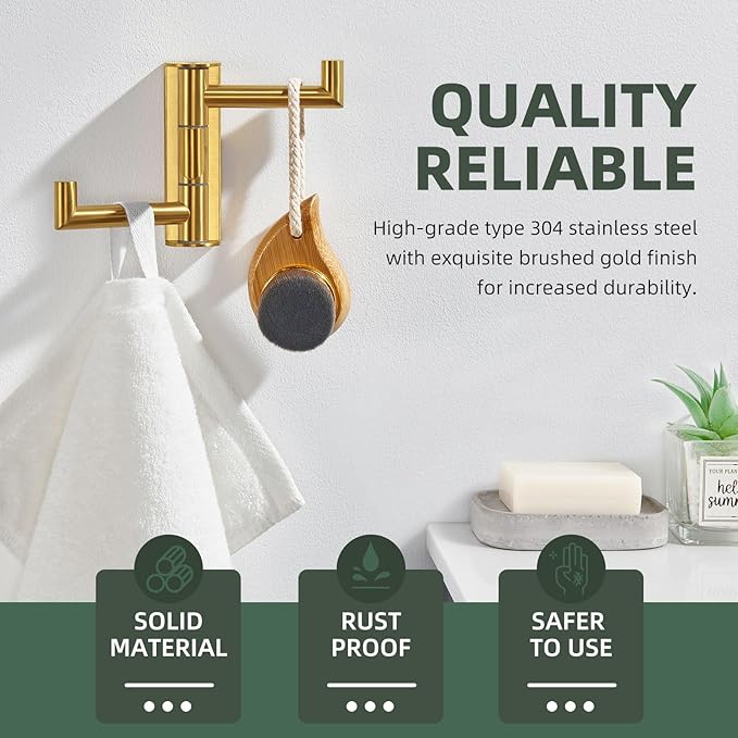 Angle Simple 3 Arms Towel Hook Brushed Gold, 304 Stainless Steel Swivel Triple Towel Holder, Folding Bathroom Hook, Wall Mount