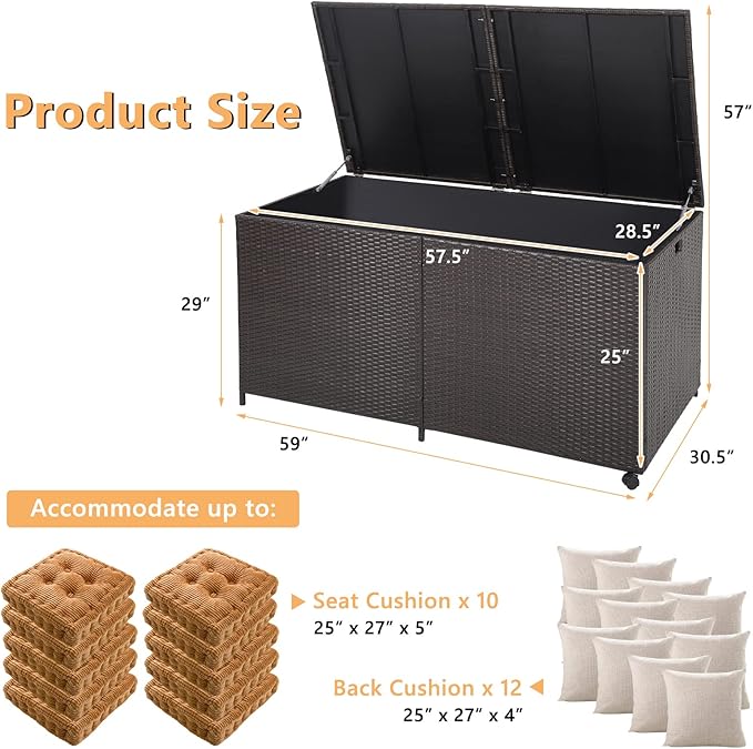 HAPPYGRILL 175 Gallon Outdoor Rattan Deck Box, Wicker Storage Bin with Zippered Liner & 2 Universal Wheels, Safe Pneumatic Rod, Patio Rattan Storage Container for Cushions Pillows
