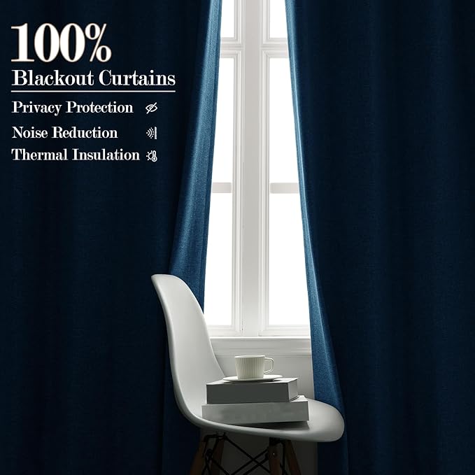 100% Blackout Linen Textured Drapes for Bedroom Pinch Pleated Curtains for Track System Portable Drapery for Sliding Glass Door/Storage/Space Room Divider, 70" Wx102 L, 1 PC, Blue