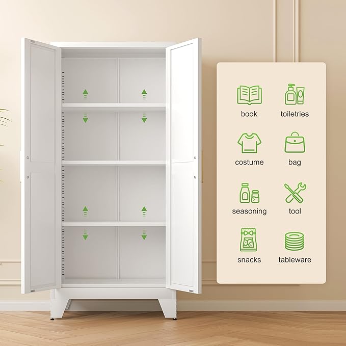 61" Tall Farmhouse Metal Pantry Cabinet, Kitchen Pantry Storage Cabinets with 2 Barn Door and Adjustable Shelves,Metal Pantry Storage Cabinet,for Kitchen,Laundry Room,Home Office,Kids Room (White)