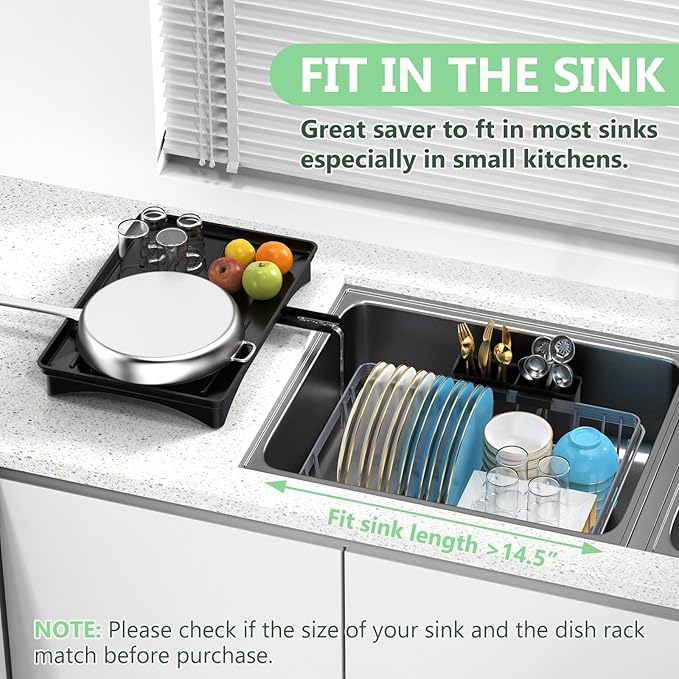 LEMIKKLE Expandable Dish Drying Rack- Space-Saving Dish Rack, Dish Drainers for Kitchen Counter with a Cutlery Holder, Over The Sink Dish Racks Fit for 14’’-19’’ Kitchen Sink Grey