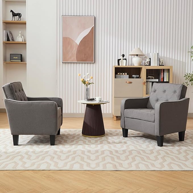 STHOUYN Living Room Chairs Accent Chairs Set of 2, Waiting Room Arm Chairs, Reading Chairs for Bedroom Comfy Club Chair Tufted, Office Small Space (2, Grey)