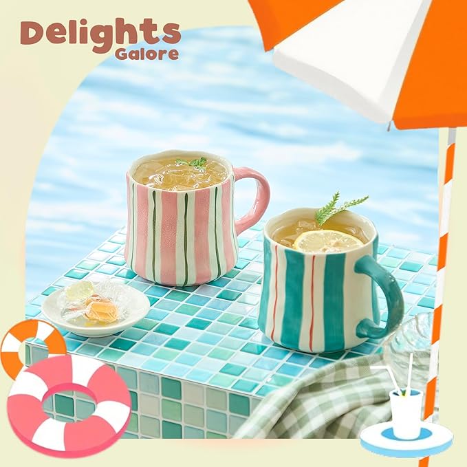 Striped Ceramic Coffee Mugs Set - 2 Pack, Pink & Green，Perfect for Morning Brew or Tea and Cocoa - for Coffee Lovers