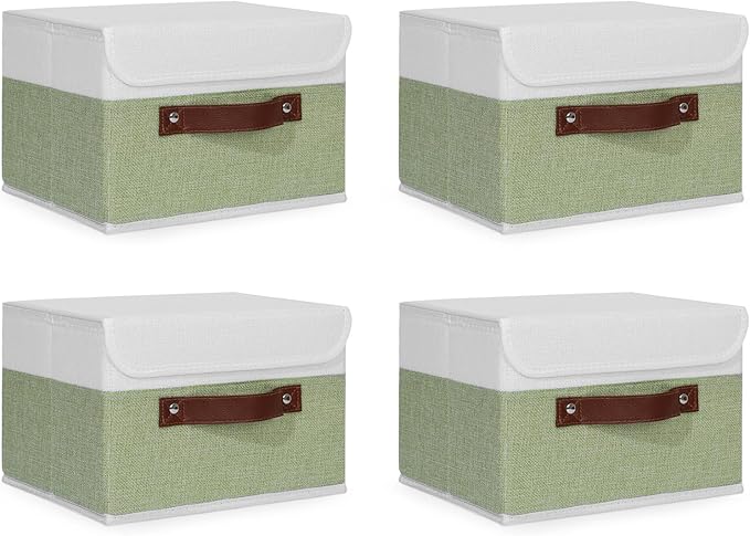 ANMINY 4PCS Storage Boxes with Lid Washable Decorative Storage Bins Basket with PU Leather Handle Foldable Linen Fabric Storage Cubes Containers for Home Closet Organizer - Green White, Small Size