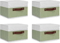 ANMINY 4PCS Storage Boxes with Lid Washable Decorative Storage Bins Basket with PU Leather Handle Foldable Linen Fabric Storage Cubes Containers for Home Closet Organizer - Green White, Small Size