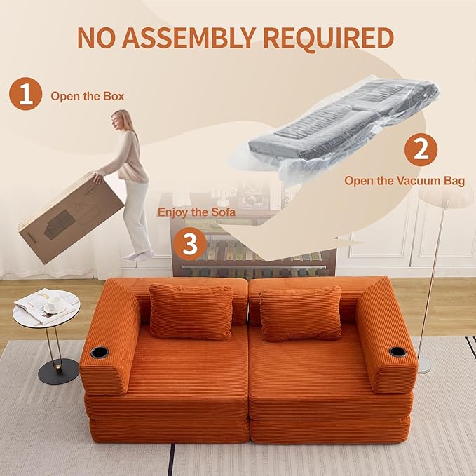 78" W Loveseat Sofa, 4 in 1 Convertible Floor Sofa Bed, Boneless Cloud Couch with Cup Holder, Fold Out Floor Couch, Loveseat Recliner Sleeper for Living Room Bedroom Lounge(Corduroy, White)