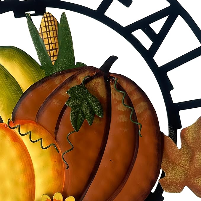 Metal Hanging Pumpkin Hello Fall Welcome Wreath Autumn Fall Harvest Decor for Front Door, Rustic Farmhouse Seasonal Thanksgiving Halloween Decoration-13''H