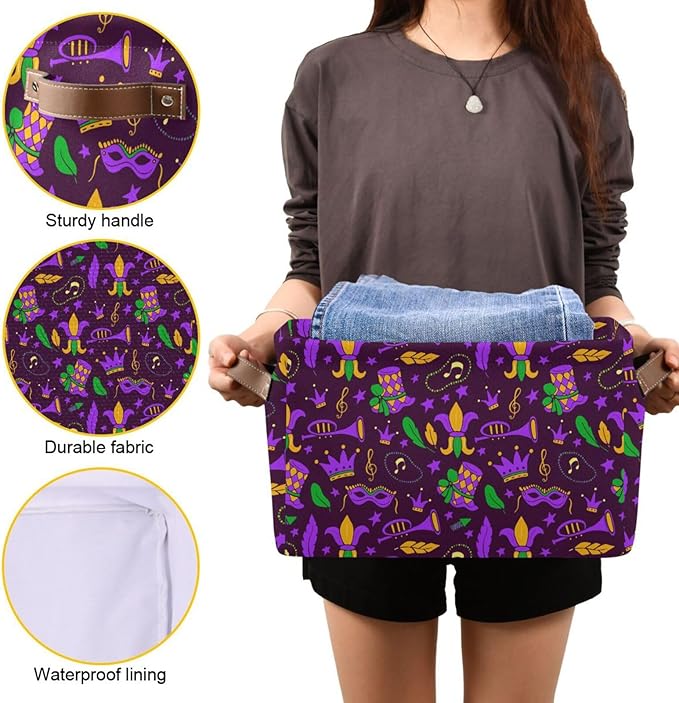 Mardi Gras Carnival Storage Basket Cube Storage Bins Organizer Bag Collapsible Closet Shelf Baskets with handle for Baby Cloth Pet Toy Book 14.2×10.2×8.3 IN