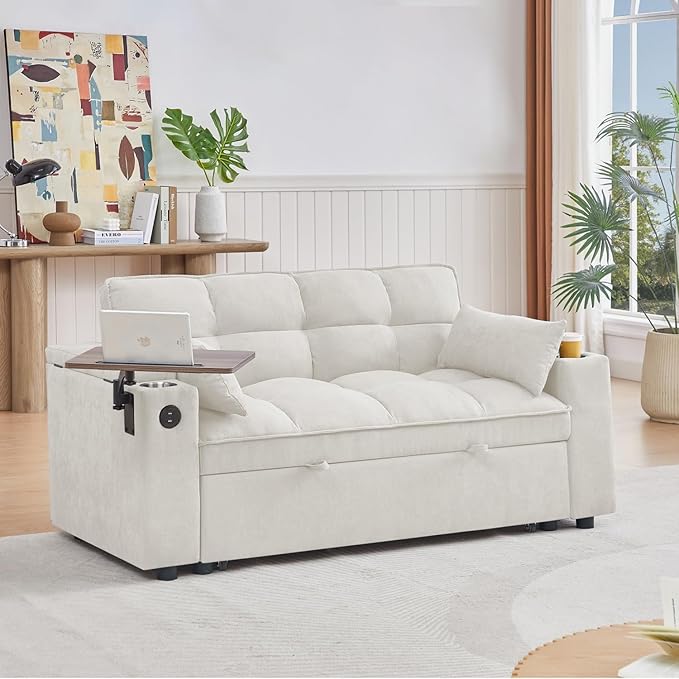65''Convertible Sleeper Sofa Bed,3-in-1 Pull Out Couch Bed with 360 Degree rotatable Side Table and USB Ports for Living Room,RV (07beige)