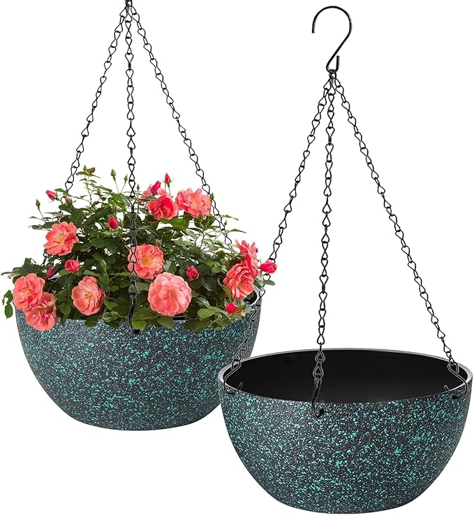 13 inch Hanging Planters for Indoor Plants, 2 Pack Planters for Outdoor Plants with Drainage Holes and Chain, Round Plastic Hanging Baskets, Hanging Flower Pots for Balcony Garden-Black Speckle
