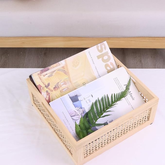 YRMT Wood Storage Crate Basket Rustic Wooden Storage Container for Organizing Decorative Bamboo Box with Handles for Pantry, Shelves Organizer 11.4" x 11.4" x 5" (Natural)