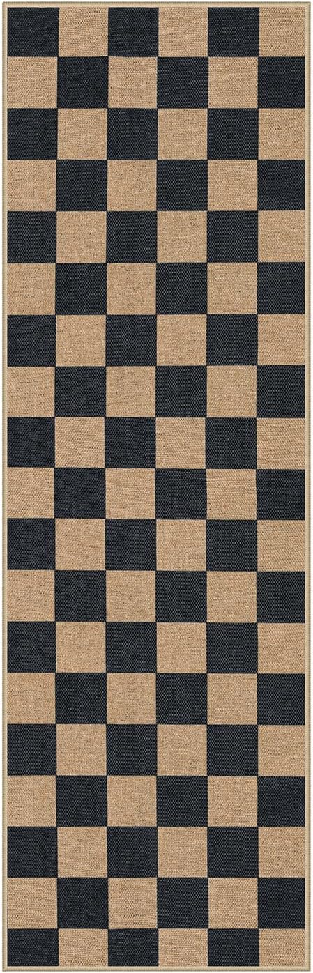 Lahome Checkered Easy Jute Runner Rug, 2x8 Kitchen Rug Non Slip Washable Outdoor Runner for Entryway Indoor, Checkerboard Black Indoor Outdoor Carpet for Hallway 8ft Entry