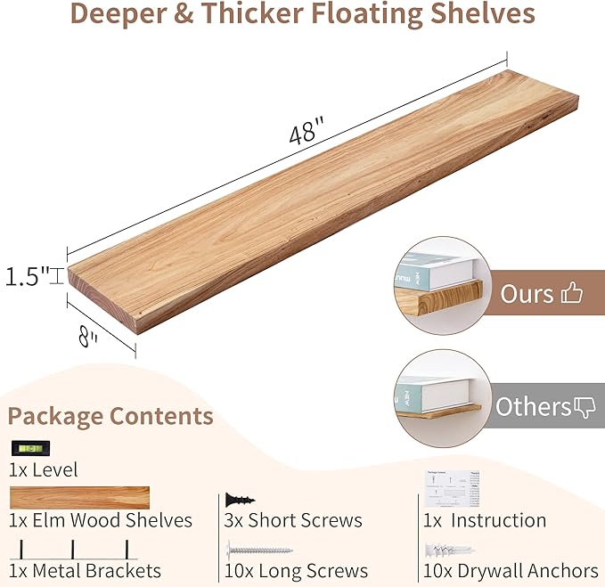 Axeman Rustic Elm Wood Floating Shelves for Wall, 48'' x 8" Deep Wall Shelf with Invisible Bracket, Large Long Wall Mounted Storage Shelves for Living Room, Bedroom, Kitchen, Bathroom Decor, Natural