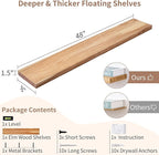 Axeman Rustic Elm Wood Floating Shelves for Wall, 48'' x 8" Deep Wall Shelf with Invisible Bracket, Large Long Wall Mounted Storage Shelves for Living Room, Bedroom, Kitchen, Bathroom Decor, Natural