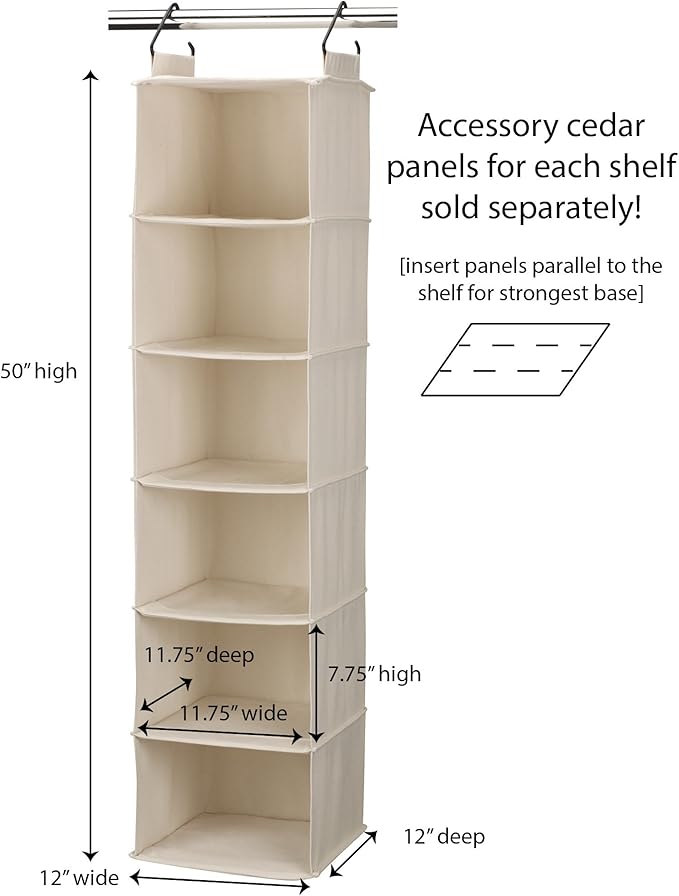 Household Essentials Cedarline 6-Shelf Hanging Closet Organizer, Heavy-Duty Cotton Canvas, Breathable, Versatile, Compact, Perfect for Rod or Wire Closets, Natural