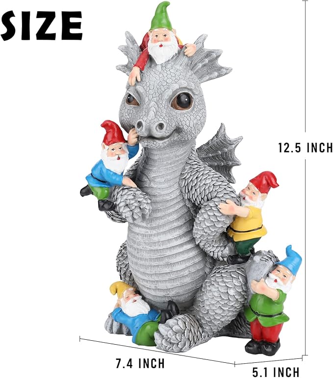 Dragon Gnome Statues Outdoor Decor, 13” Dinosaur Play with Gnomes Garden Statue, Outdoor Statue for All Season Lawn Decor, Garden Decoration, Gardening Gift