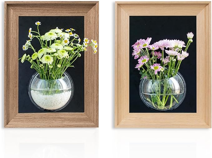 Wooden Frame Wall Hanging Planter for Hydroponic Plants，12X16 inch Wall Vase with Round Acrylic Propagation Station，Bathroom, Office, or Living Room Décor, Set of 2 Mix