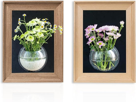 Wooden Frame Wall Hanging Planter for Hydroponic Plants，12X16 inch Wall Vase with Round Acrylic Propagation Station，Bathroom, Office, or Living Room Décor, Set of 2 Mix