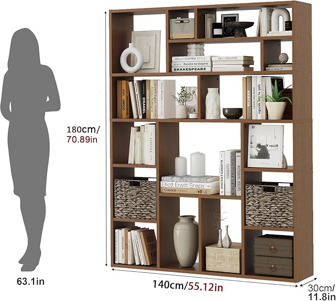6-Tier Large Open Bookcase 71” Tall Sturdy Wooden Bookshelf with Baskets,Modern Style 16-Cube Home Display Shelf for Bedroom, Living Room（Oak Color）