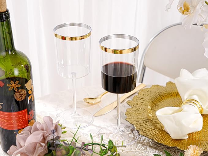 Ciaell 12 Pack Plastic Wine Glasses - 14 Oz Plastic Wine Glasses with Stem - Square Gold Disposable Stemmed Glass for Parties & Weddings & Outdoors & Thanksgiving