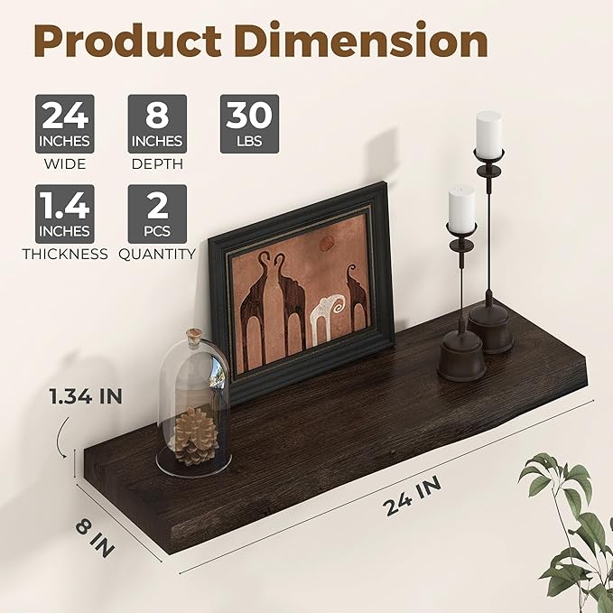Axeman 24 inch Floating Shelves for Wall - 8'' D Live Edge Rustic Solid Elm Wood Floating Shelves Wall Mounted, Wall Shelves with Invisible Bracket for Living Room Bedroom Kitchen, Set of 2 Walnut
