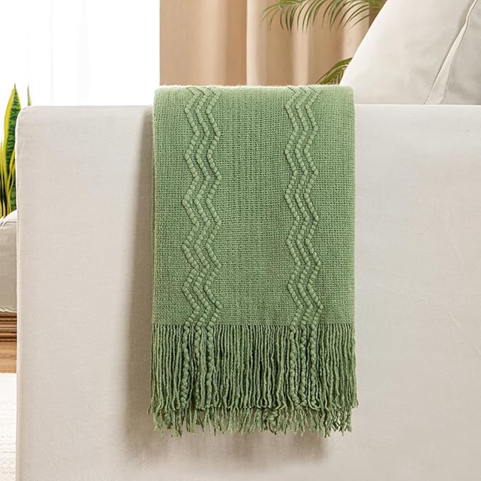 MIULEE Sage Green Knitted Throw Blanket for Couch Textured Spring Knit Blanket with Tassels Cozy Woven Boho Bed Blanket for Sofa Bed Chair Acrylic Wave Pattern 50"x60"