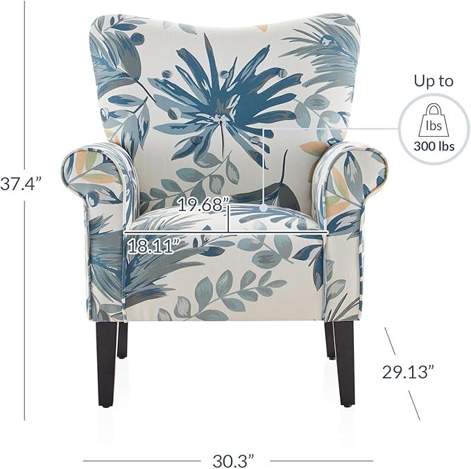 BELLEZE Modern Accent Chair for Living Room, High Back Floral Armchair w/Wooden Legs, Upholstered Wingback Side Chair Padded Armrest Single Sofa for Living Room, Bedroom - Allston (Green Blue Floral)