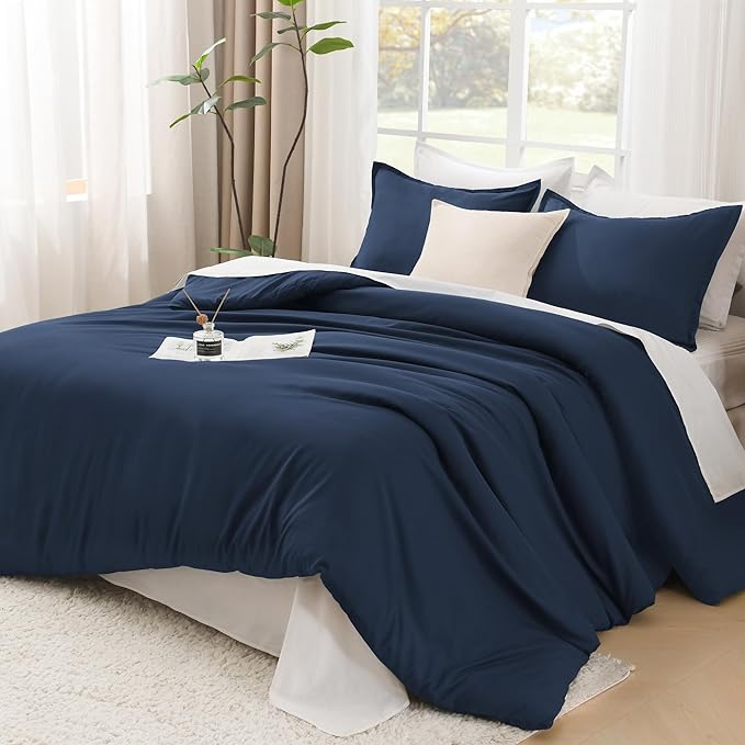 Litanika Navy Blue Comforter Full Size Set, 3 Pieces Lightweight Solid Bedding Comforter Set, All Season Fluffy Bed Set