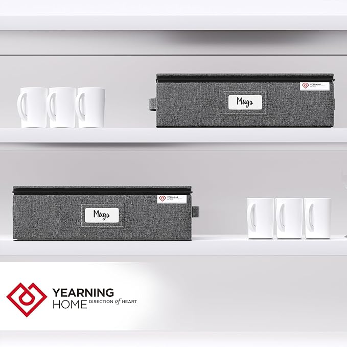 YearningHome Cup and Mug Storage Box with Hard Shell and Dividers for Coffee Mugs,Tea Cups and Glasses,Stackable Storage Organizers with Lid,Handles,Zips and Lable for Moving,Holds 12,2 Pack, Grey