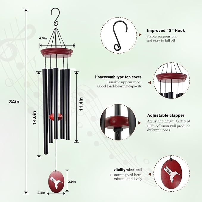 Hummingbird Wind Chimes – 33" Outdoor Tuned Melody Wind Chime, Soothing Memorial Gift for Mom & Grandma, Weather-Resistant Metal Chimes for Garden, Patio, Yard & Home Décor