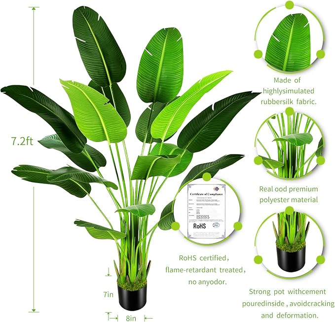7.2ft Artificial Silk Bird of Paradise Palm Tree (85in) with 17 Trunks Faux Tree and Plastic Nursery Pot, Fake Plant for Office House Farmhouse Living Room Home Decor (Indoor/Outdoor)