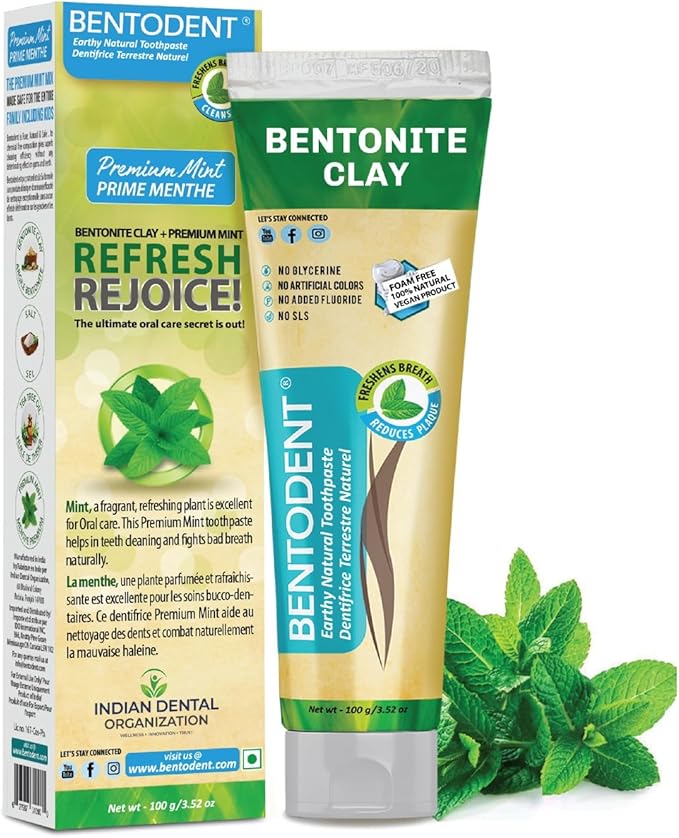 Bentodent Remineralizing Food Grade Organic Calcium Bentonite Clay Toothpaste Fluoride Free Natural Toothpaste for Adult & Kids - Mineral Toothpaste Sensitive Teeth Whitening (Premium Mint)