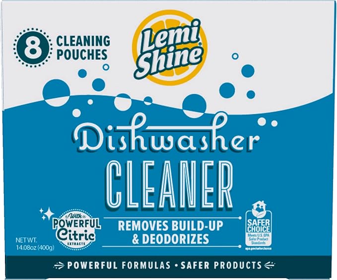 Lemi Shine Natural Dishwasher Cleaner Powered By Citric Acid | 100% Guaranteed Hard Water Cleaning Powder | Eco-Friendly Dishwasher Cleaner and Deodorizer With Fresh Lemon Scent (8 Count)
