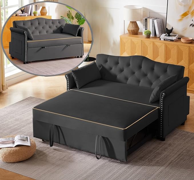 57-Inch Velvet Full Size Sleeper Sofa Couch with Pullout Bed,Convertible Pull Out with Golden Decorative Strip and Adjustable Backrest for Small Spaces,Apartment, Guest Room, RV (Black)